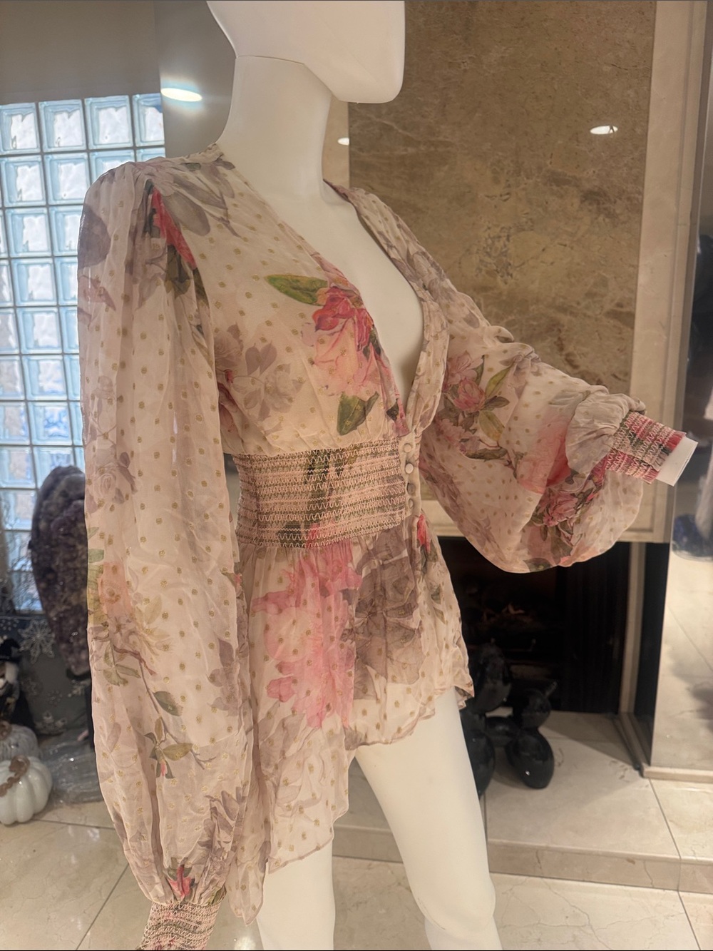 Rococo Sand Sheer Floral Deep V Ruffle Top - Picture 4 of 9